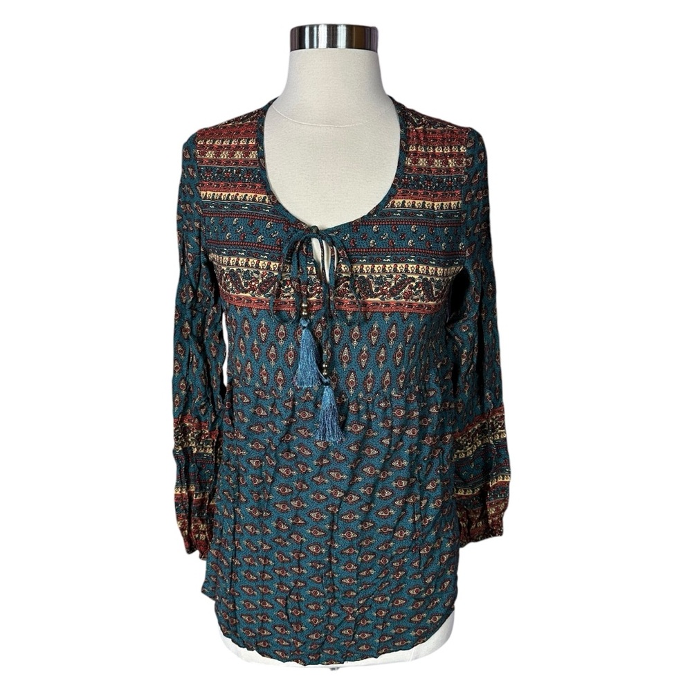 Lascana Boho Paisley Floral Hippie Beaded Tassel Keyhole Lightweight Blouse US 6